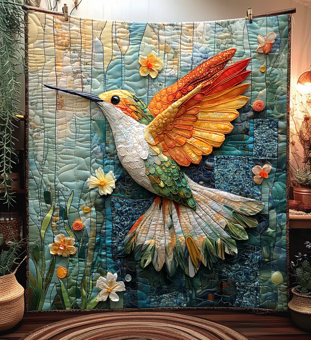 Mosaic Hummingbird Quilted Blanket