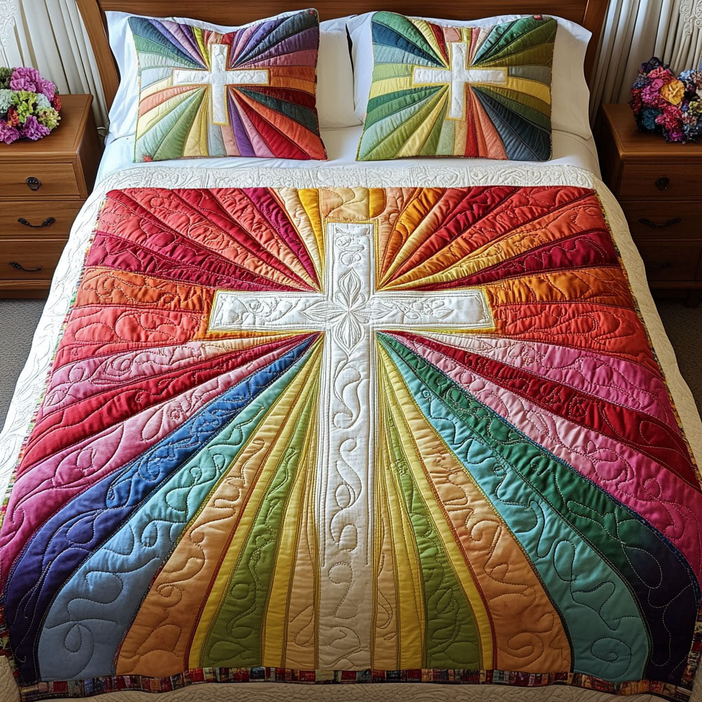 Multicolor Glory Cross 3-Piece Quilted Bedding Set