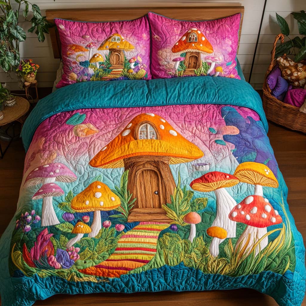 Mushroom Dreams 3-Piece Quilted Bedding Set