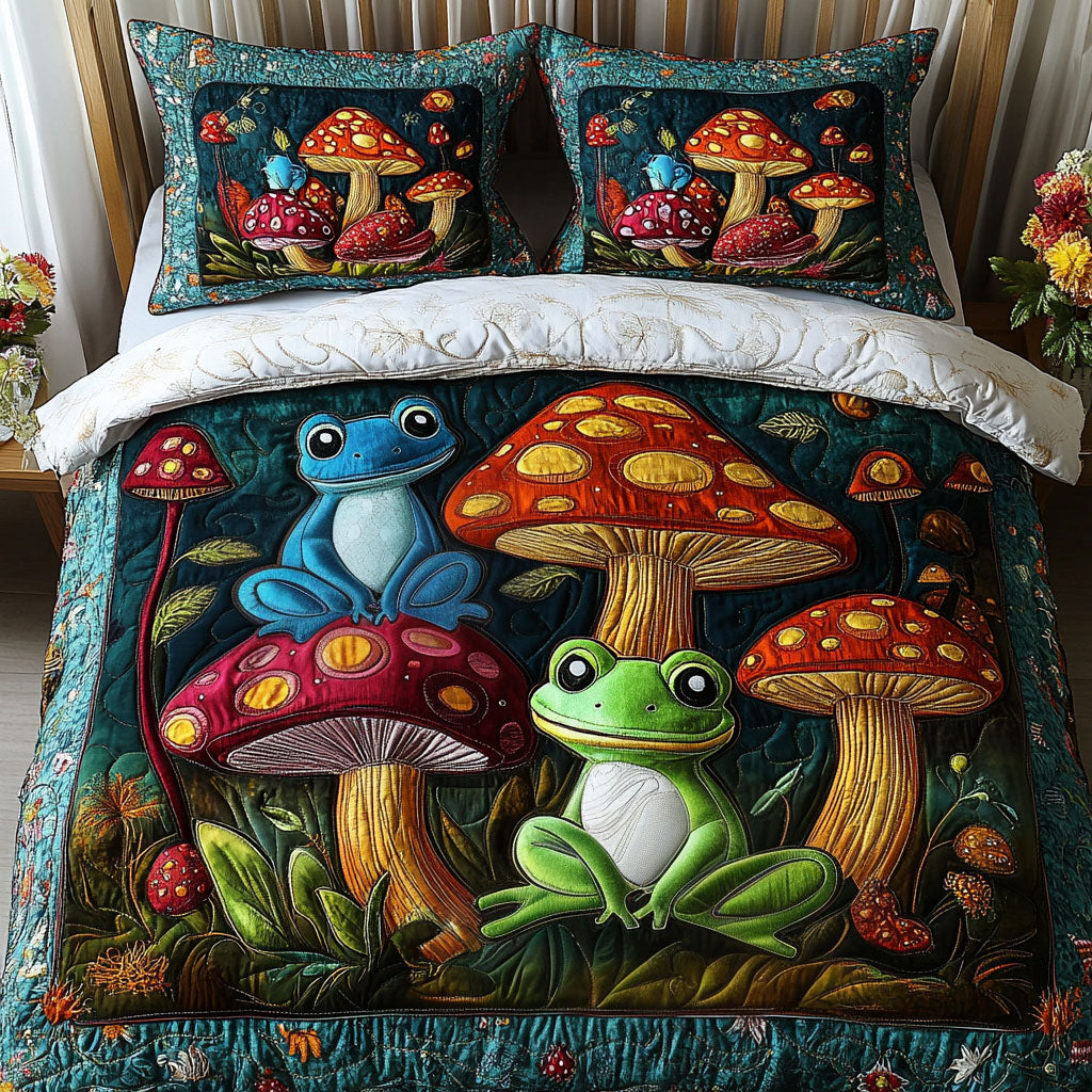 Mushroom Frogs 3-Piece Quilted Bedding Set