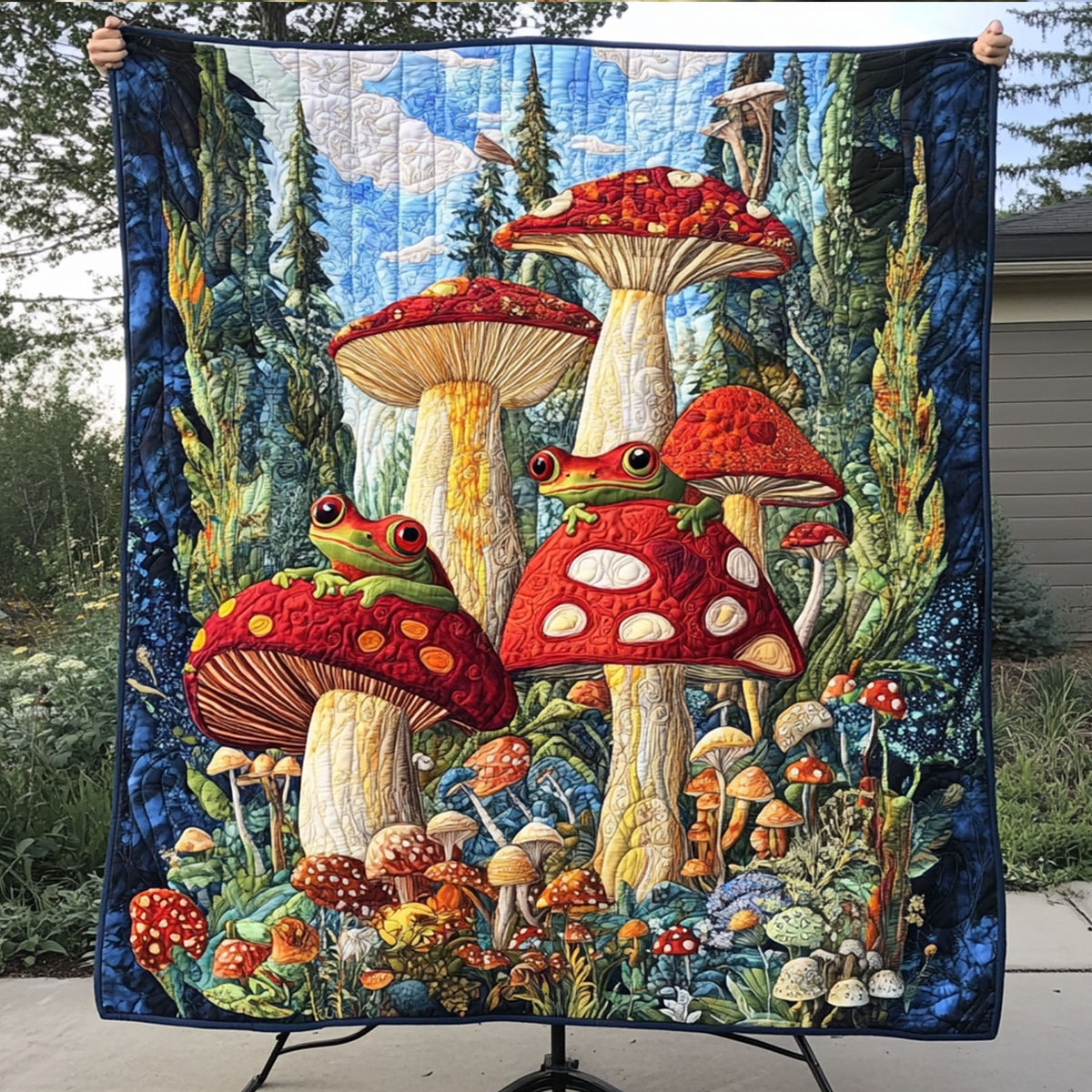 Mushroom Meadow Frogs Quilted Blanket