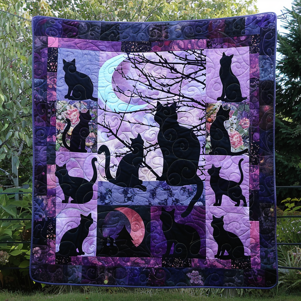 Mysterious Black Cats Quilted Blanket