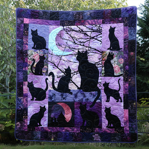 Mysterious Black Cats Quilted Blanket