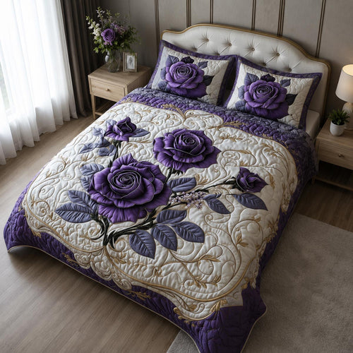 Mystic Violet Rose 3-Piece Quilted Bedding Set