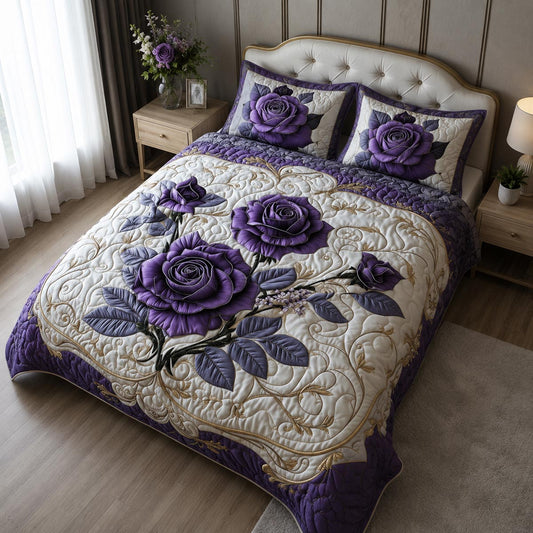 Mystic Violet Rose 3-Piece Quilted Bedding Set