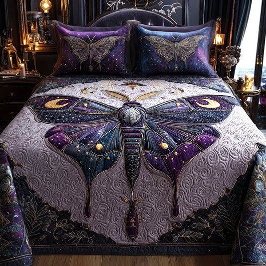 Mystic Amethyst Moth 3-Piece Quilted Bedding Set