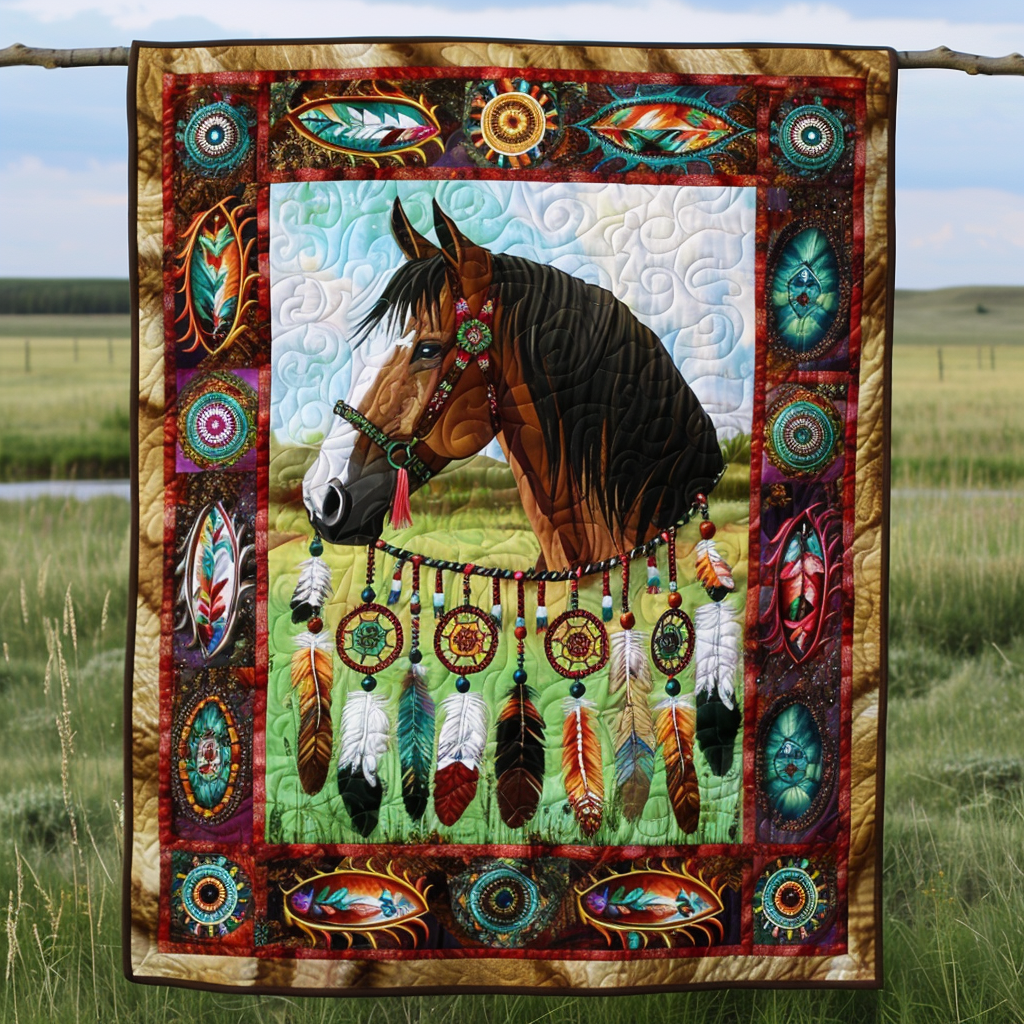 Native American Feather Horse Quilted Blanket