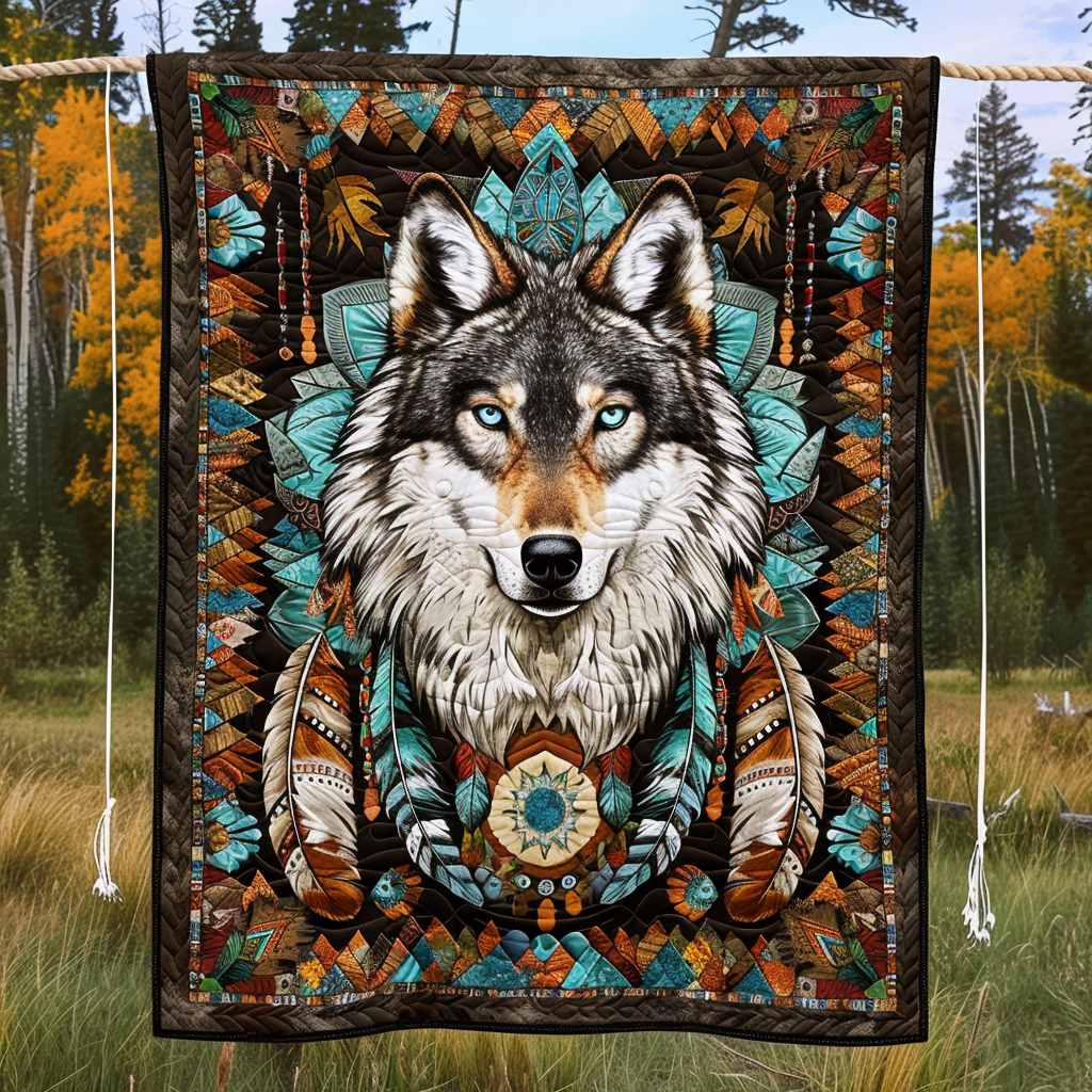 Native Spirit Wolf Quilted Blanket