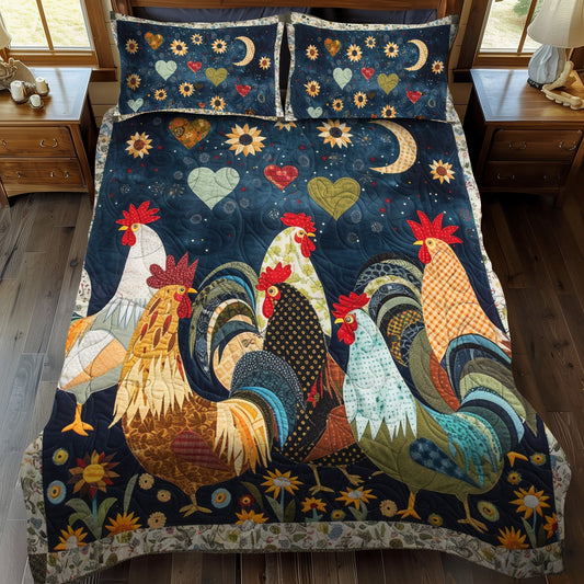 Night Roosters 3-Piece Quilted Bedding Set