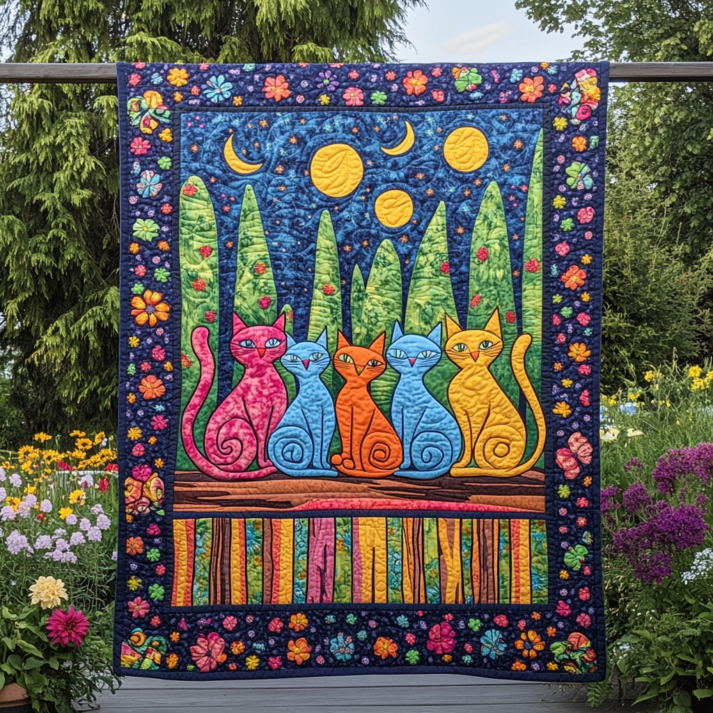 Night Charming Cat Quilted Blanket