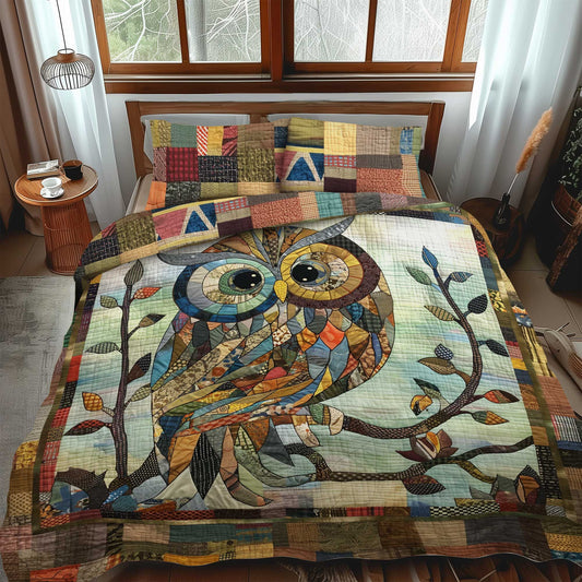 Vintage Owl Patchwork 3-Piece Quilted Bedding Set