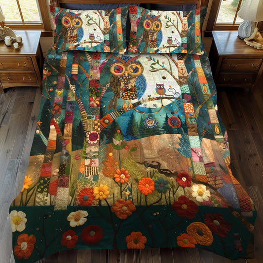 Colorful Owl Patchwork 3-Piece Quilted Bedding Set