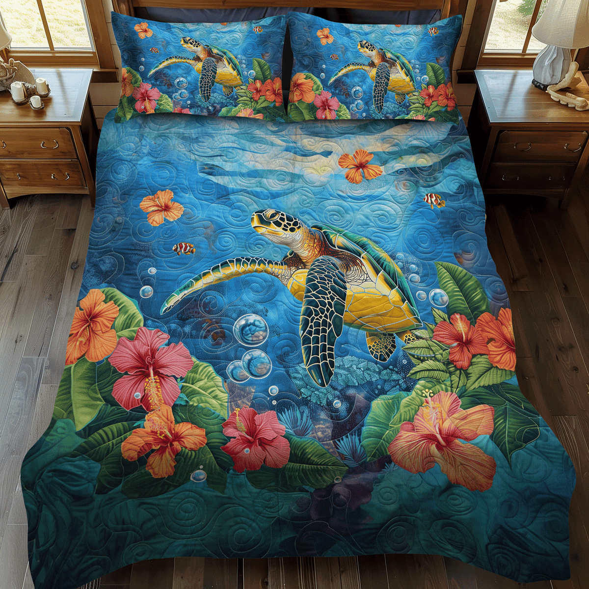 Ocean Turtle 3-Piece Quilted Bedding Set