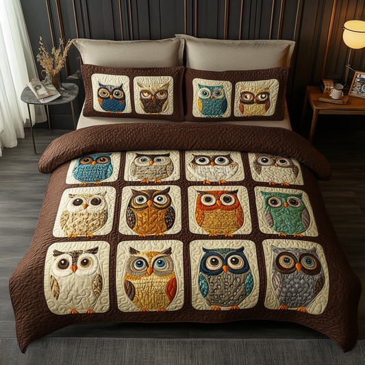 Owl Perch 3-Piece Quilted Bedding Set