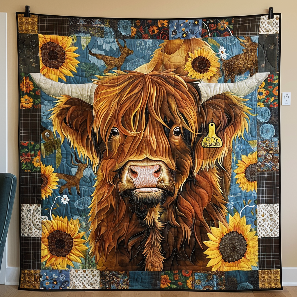 Pastoral Cow And Sunflower Quilted Blanket