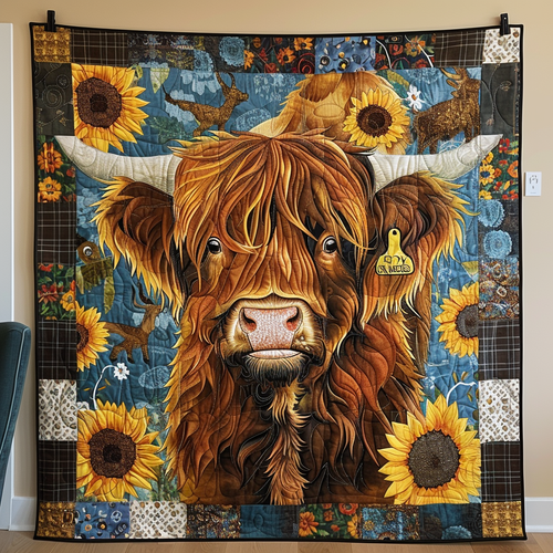 Pastoral Cow And Sunflower Quilted Blanket
