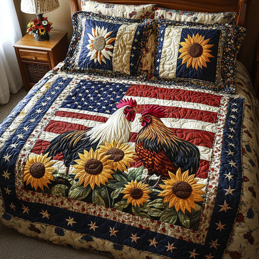 Patriotic Rooster 3-Piece Quilted Bedding Set