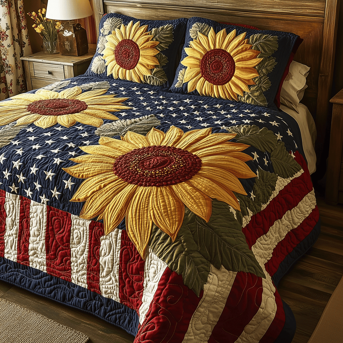Patriotic Sunflower 3-Piece Quilted Bedding Set