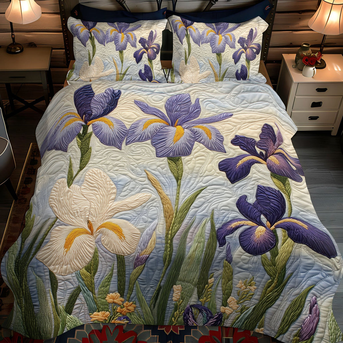 Peaceful Iris 3-Piece Quilted Bedding Set