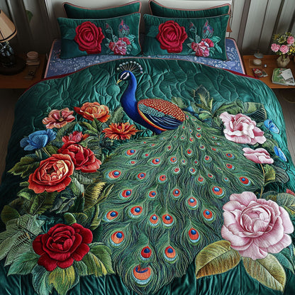 Peacock Garden Bliss 3-Piece Quilted Bedding Set