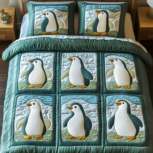 Penguin Parade 3-Piece Quilted Bedding Set