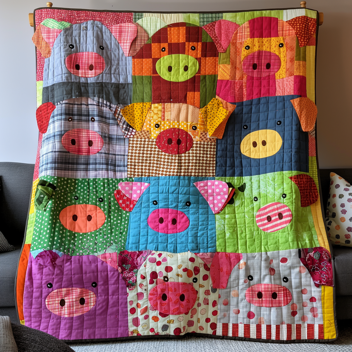 Pig in Technicolor Quilted Blanket