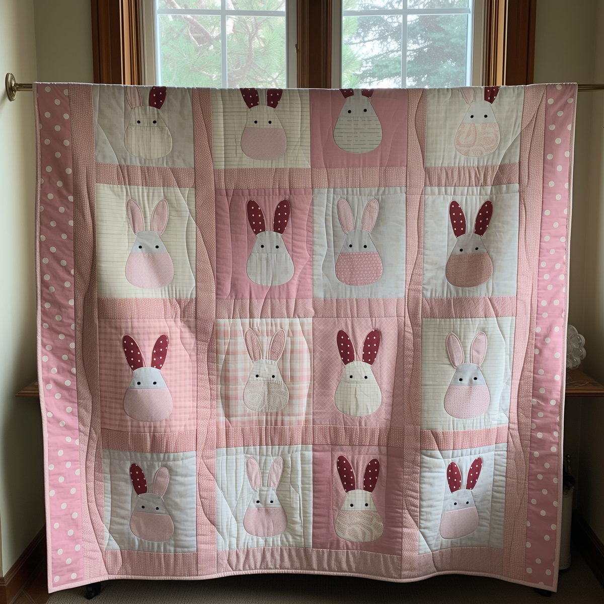 Pink Bunny Garden Quilted Blanket