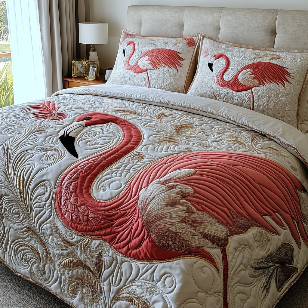 Pink Flamingo 3-Piece Quilted Bedding Set