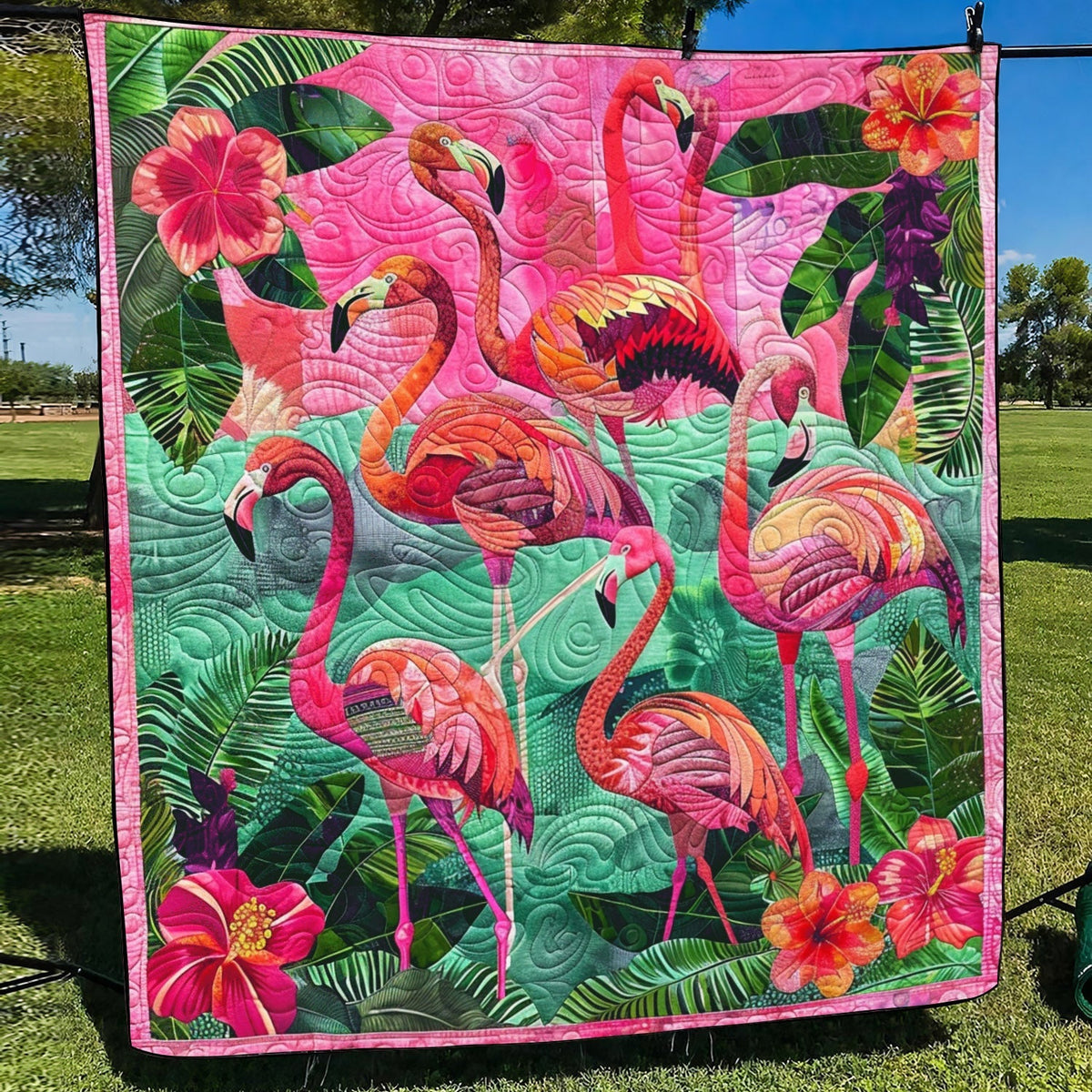 Pink Flamingo Flock Quilted Blanket