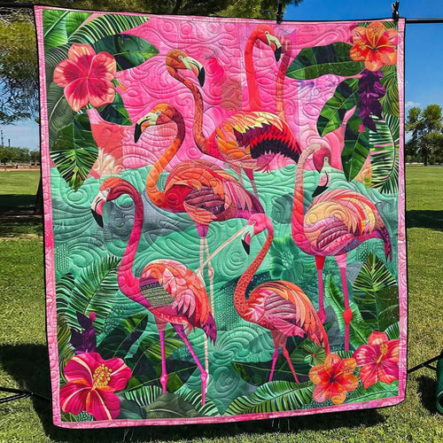 Pink Flamingo Flock Quilted Blanket