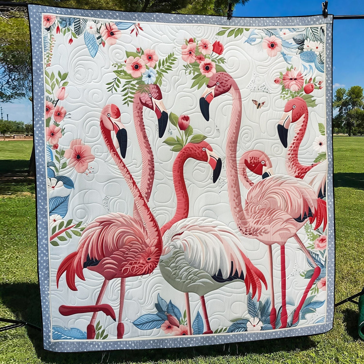 Pink Flamingo Garden Quilted Blanket