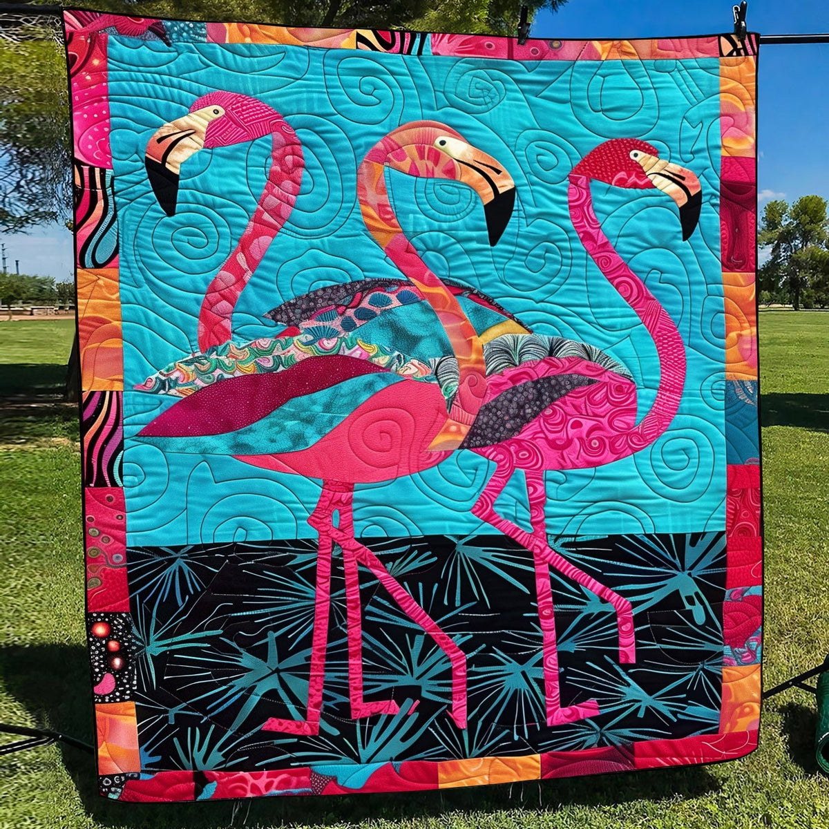 Pink Flamingo Lagoon Quilted Blanket