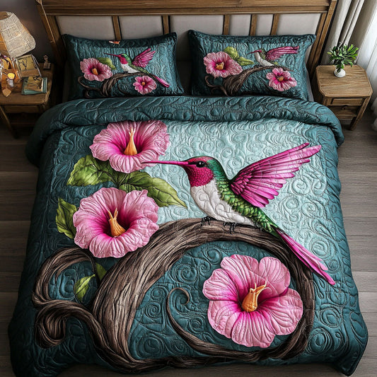 Pink Hummingbird 3-Piece Quilted Bedding Set