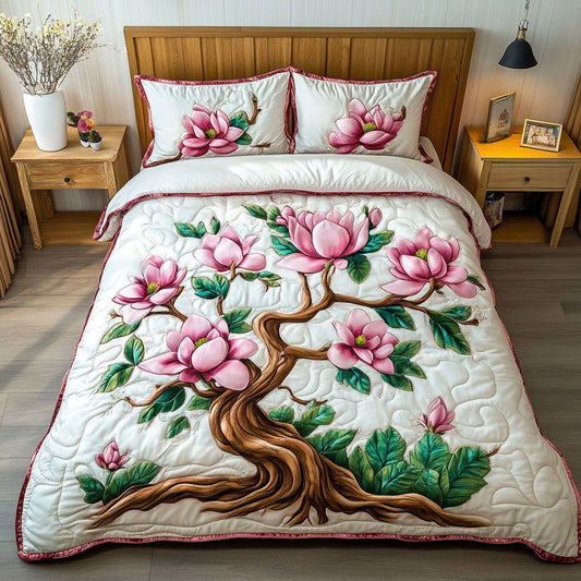 Pink Magnolia Dreams 3-Piece Quilted Bedding Set