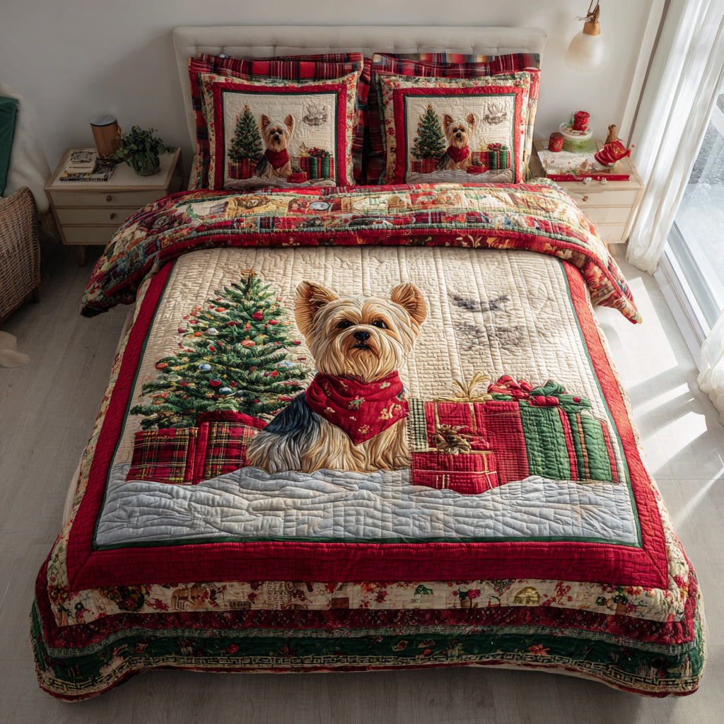 Plaid Yorkshire Terrier 3-Piece Quilted Bedding Set