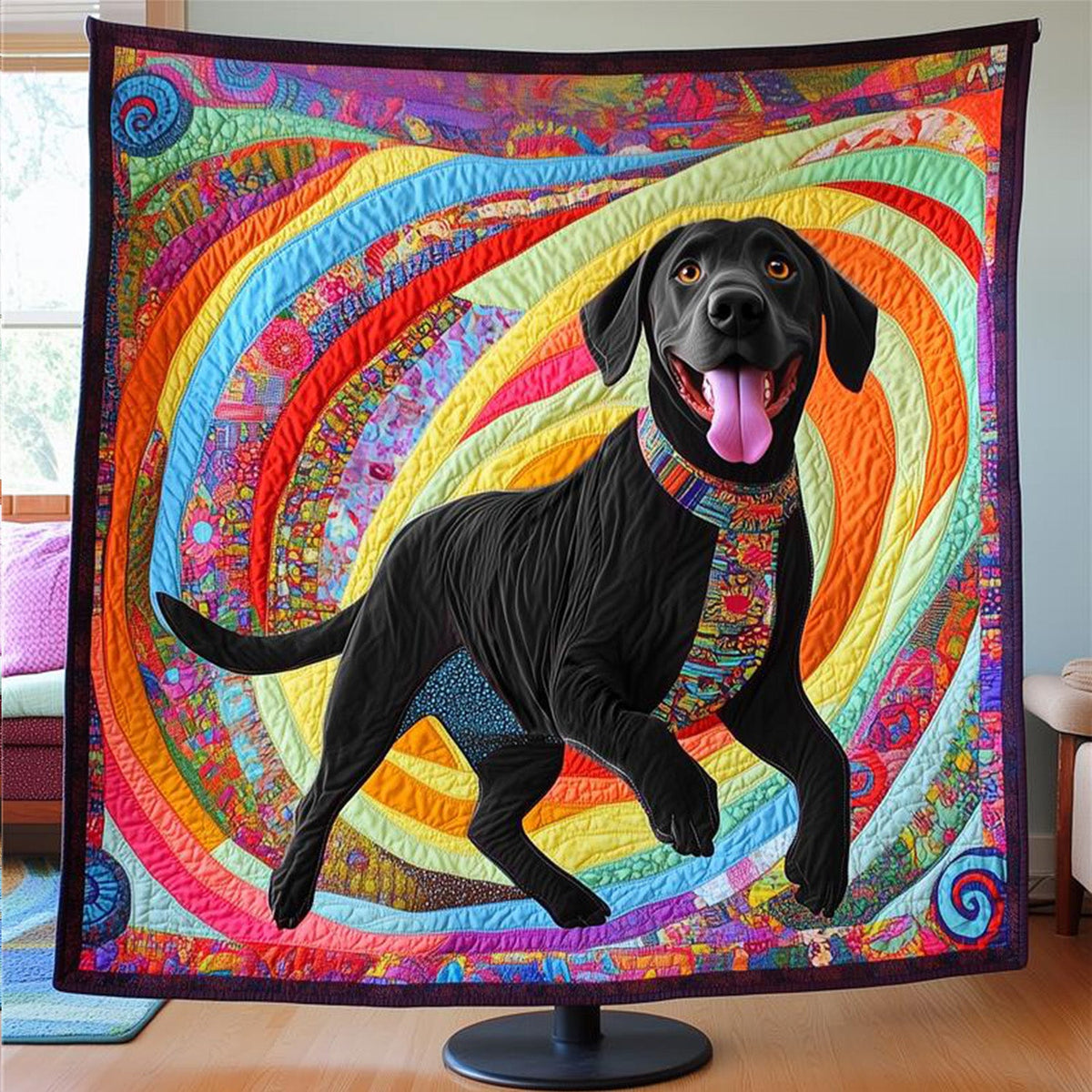 Playful Black Lab Quilted Blanket