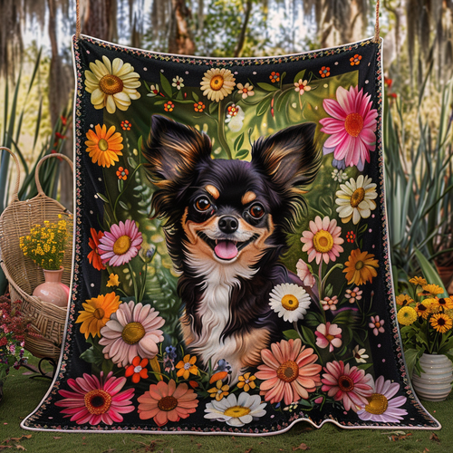 Playful Chihuahua Flowers Quilted Blanket