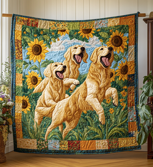 Playful Golden Retrievers Quilted Blanket