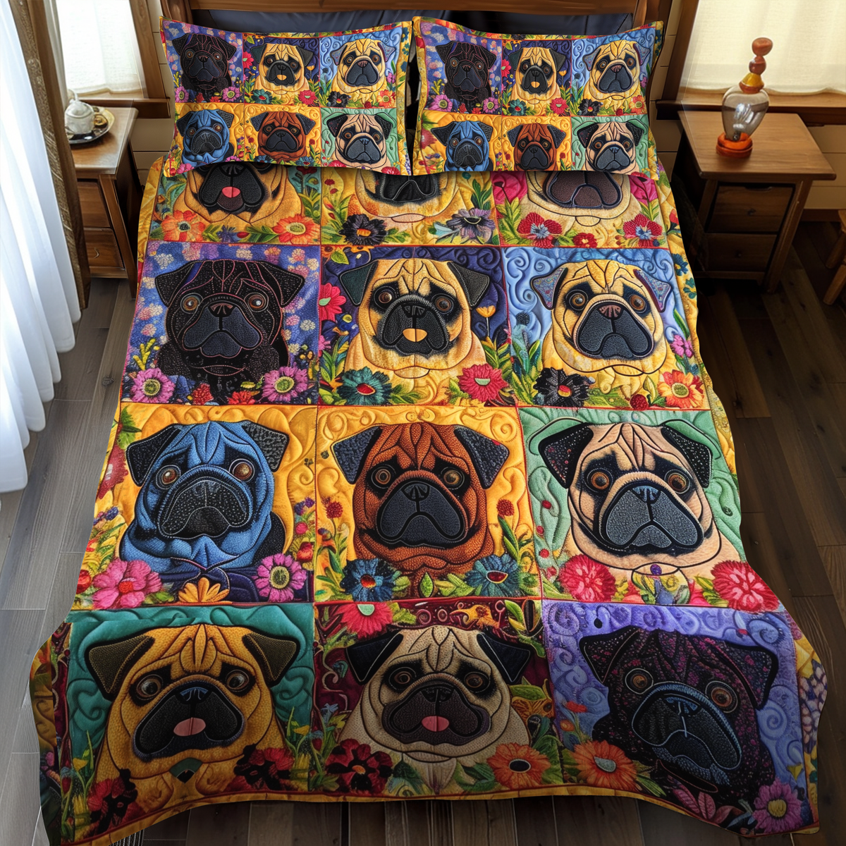 Playful Pugs 3-Piece Quilted Bedding Set