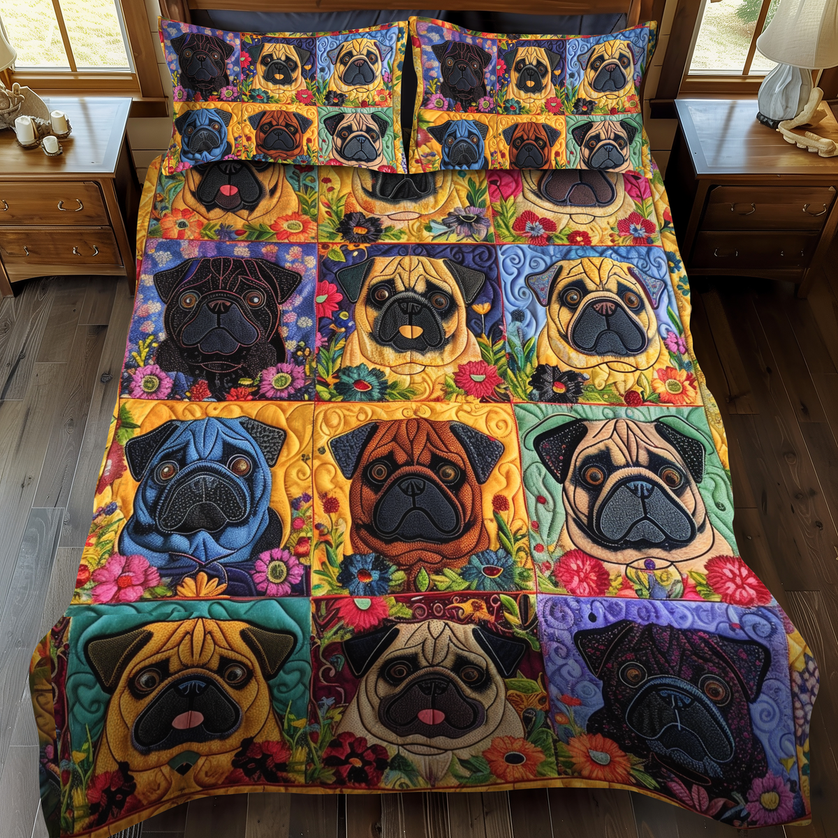 Playful Pugs 3-Piece Quilted Bedding Set