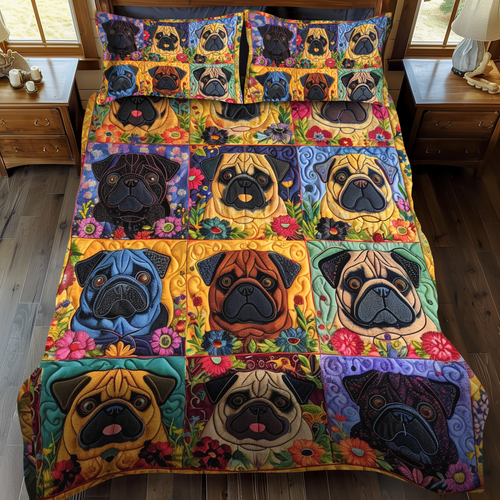 Playful Pugs 3-Piece Quilted Bedding Set