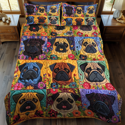 Playful Pugs 3-Piece Quilted Bedding Set