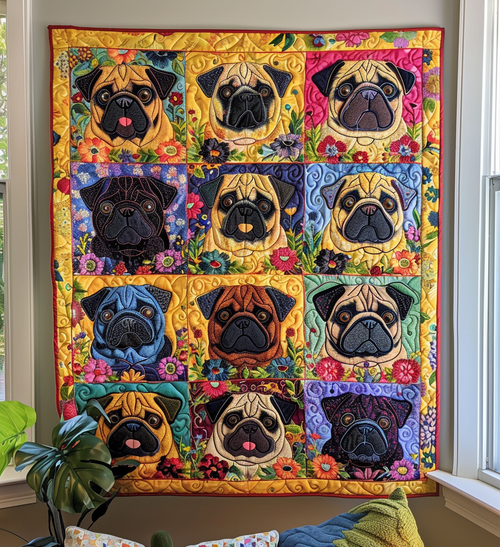 Playful Pugs Quilted Blanket