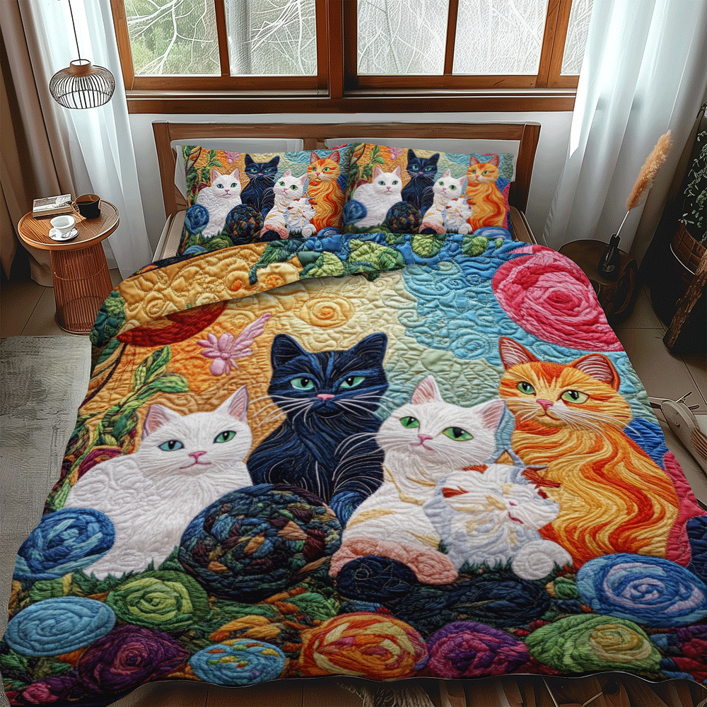 Playful Cats And Yarn 3-Piece Quilted Bedding Set