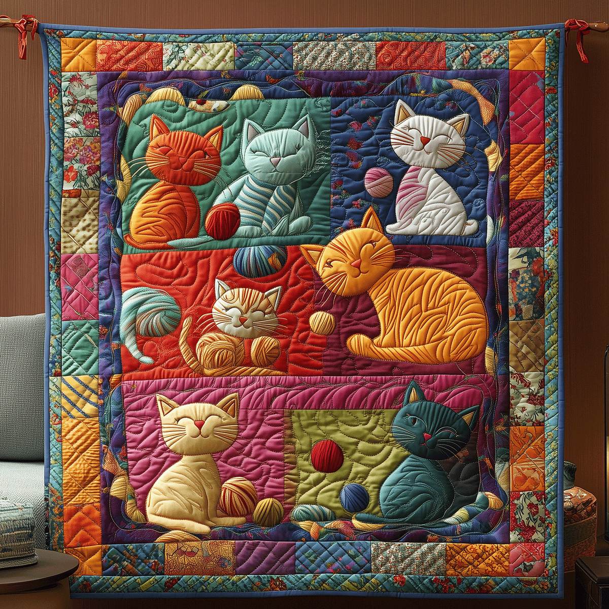 Playful Yarn Cats Quilted Blanket