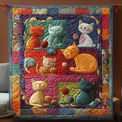 Playful Yarn Cats Quilted Blanket