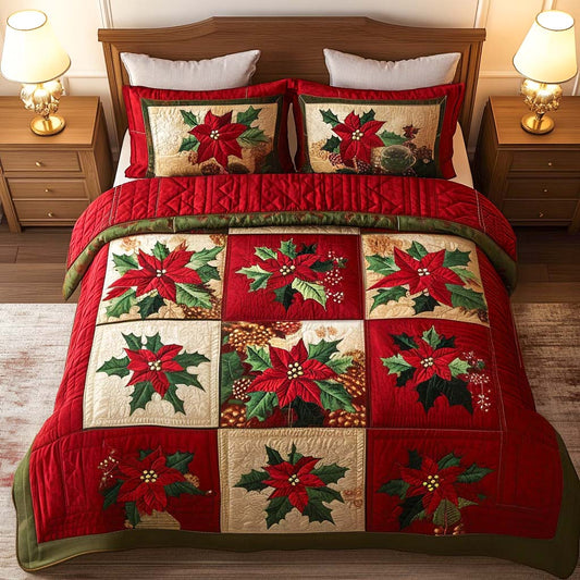 Poinsettia Elegance 3-Piece Quilted Bedding Set