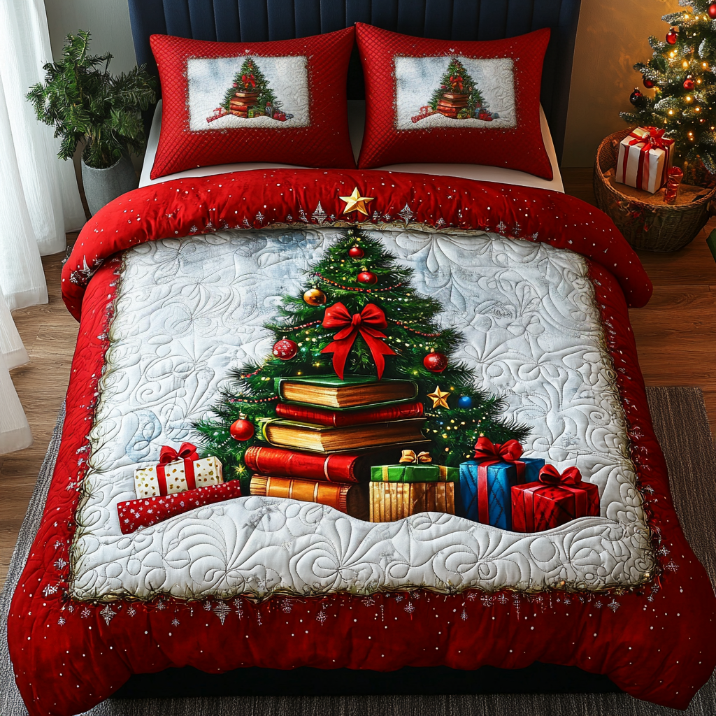 Poinsettia Pages 3-Piece Quilted Bedding Set
