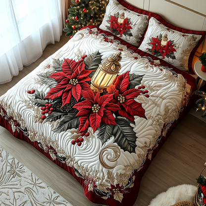 Poinsettia Warmth 3-Piece Quilted Bedding Set
