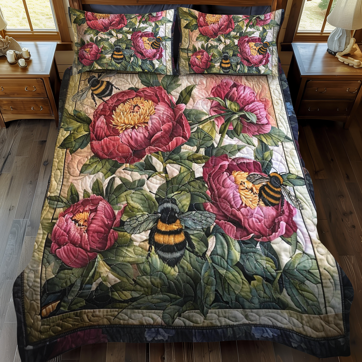 Pollinator's Floral Haven 3-Piece Quilted Bedding Set